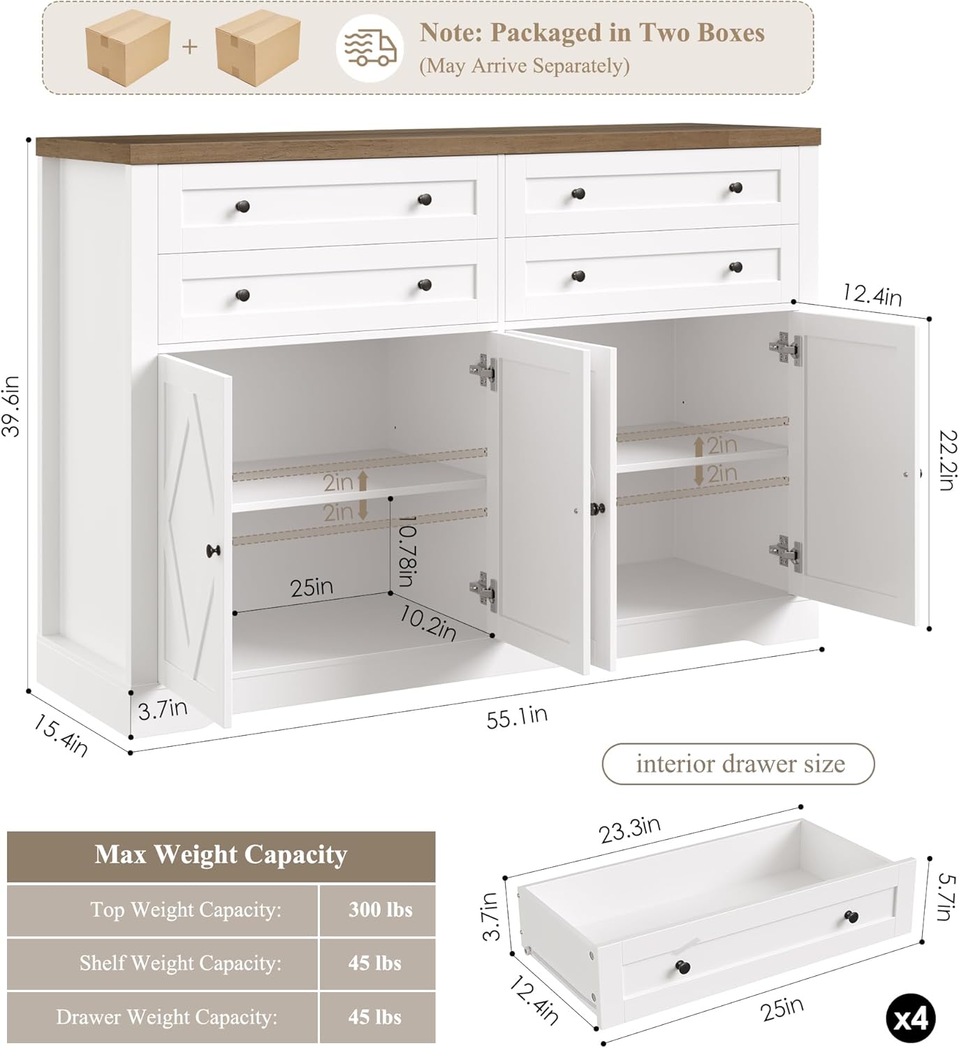 HOSTACK 55" Coffee Bar with 4 Large Drawers, 40" Tall Buffet Cabinet with Storage, Kitchen Storage Cabinet, Modern Farmhouse Sideboard Buffet, Adjustable Shelves for Living Room, White