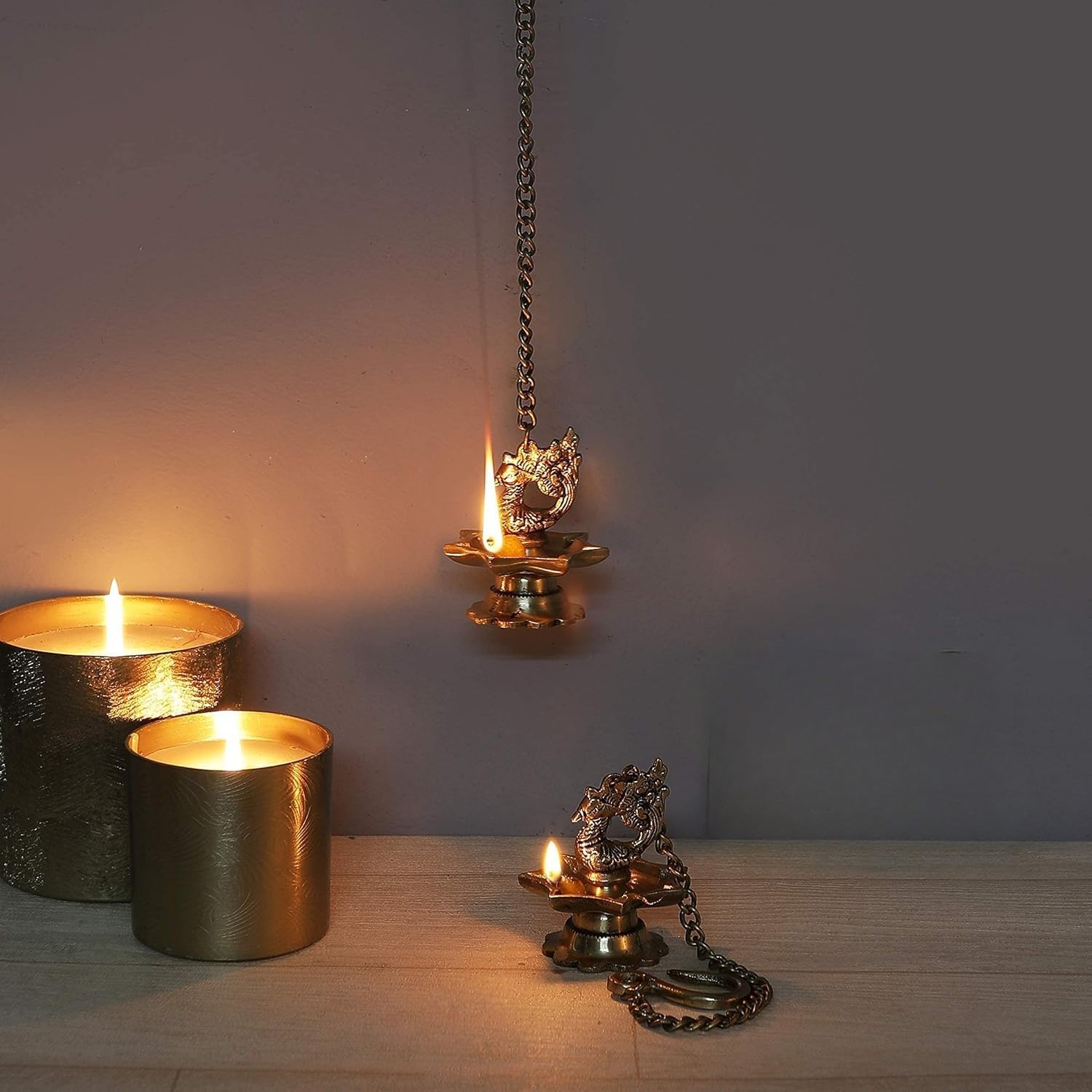 Rasakraft Brass Peacock Carved Hanging Diya Set, Antique Yellow, for Diwali Home Decoration, Pack of 2