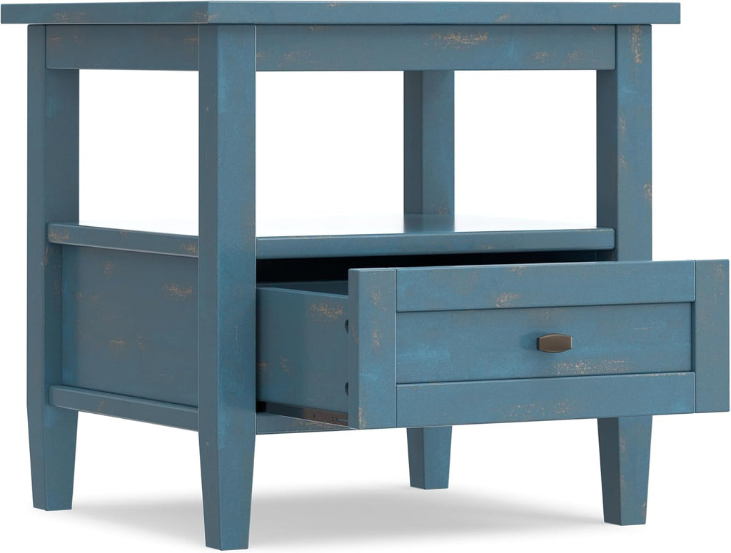 SIMPLIHOME Warm Shaker End Table - 20" Wide x 20" High Solid Wood Square Accent Table in Distressed Coastal Blue, Transitional Side Table for Living Room with Drawer, Open Shelf and Tapered Legs