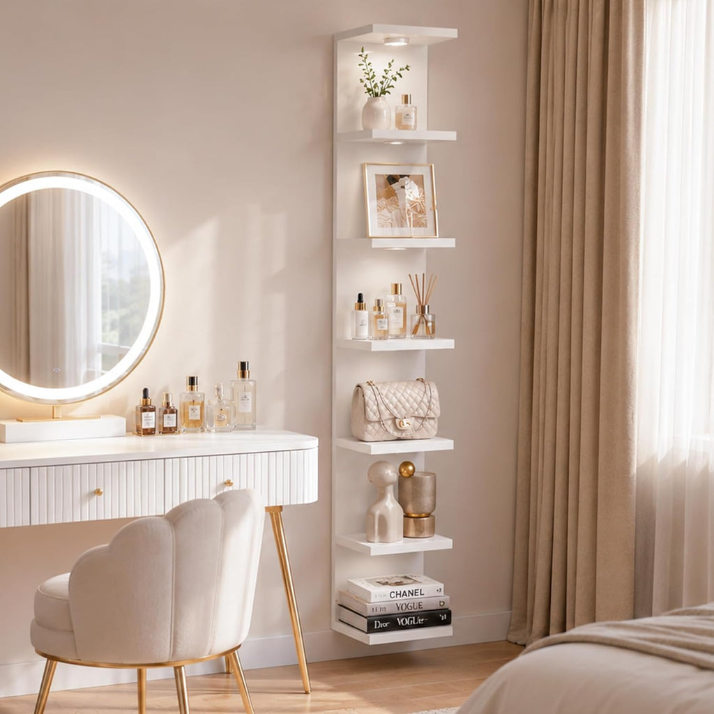 Yuyetuyo 7 Tier Floating Wall Shelf, White Floating Shelves for Wall with LED Light, Versatile Wall Shelf Unit for Bedroom Living Room Bathroom, Lack Shelf for Home Organizer Display