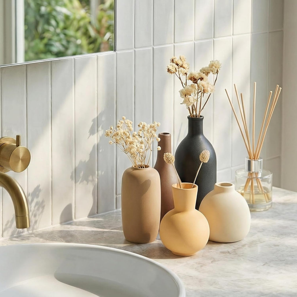 Modern Ceramic Vase Set 5, Small Flower Vases Home Shelf Decor for Centerpiece Farmhouse Fresh Flowers, Table Living Room Kitchen Bedroom Decoration for Holidays, Wedding, Birthday(Black Beige Mix)
