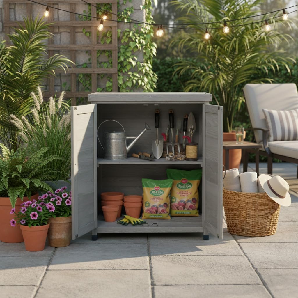 31" Weatherproof Living Room Cabinet, Practical Cabinets with X-Shape Frame, Storage Locker with Magnetic Door for Patio, Gray