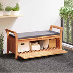 Acacia Wood Outdoor Storage Bench with Cushion, 49.6" Patio Storage Bench with Curved Arms, Garden Seat for Pillows and Blankets