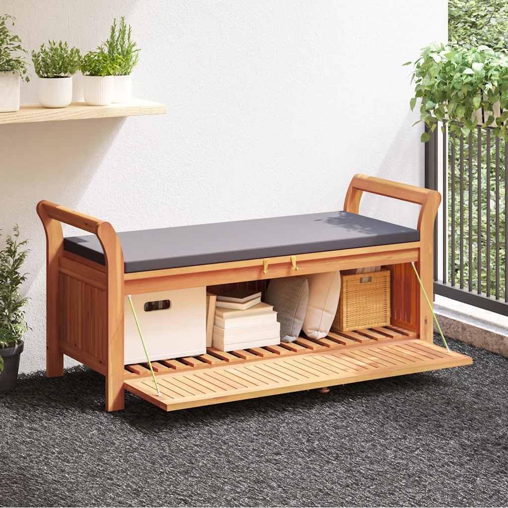 Garden Storage Bench with Dark Grey Cushion, Solid Acacia Wood Outdoor Storage Seat for Patio Balcony and Terrace, 2-Seater Wooden Deck Bench with Under-Seat Storage, Brown Finish