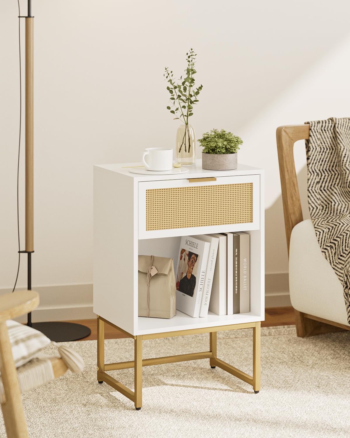 Masupu Rattan Nightstand,Modern Night Stand Boho Farmhouse Wood Bedside Table with Storage Drawer Side End Table for Bedroom,Living Room, White