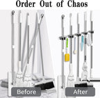 AceMining 5 Racks and 4 Hooks Mop and Broom Holder Wall Mount, Broom Organizer Storage Tool Racks Stainless Steel Heavy Duty Hooks Self Adhesive Solid Non-slip for Home Kitchen Garden Laundry Garage