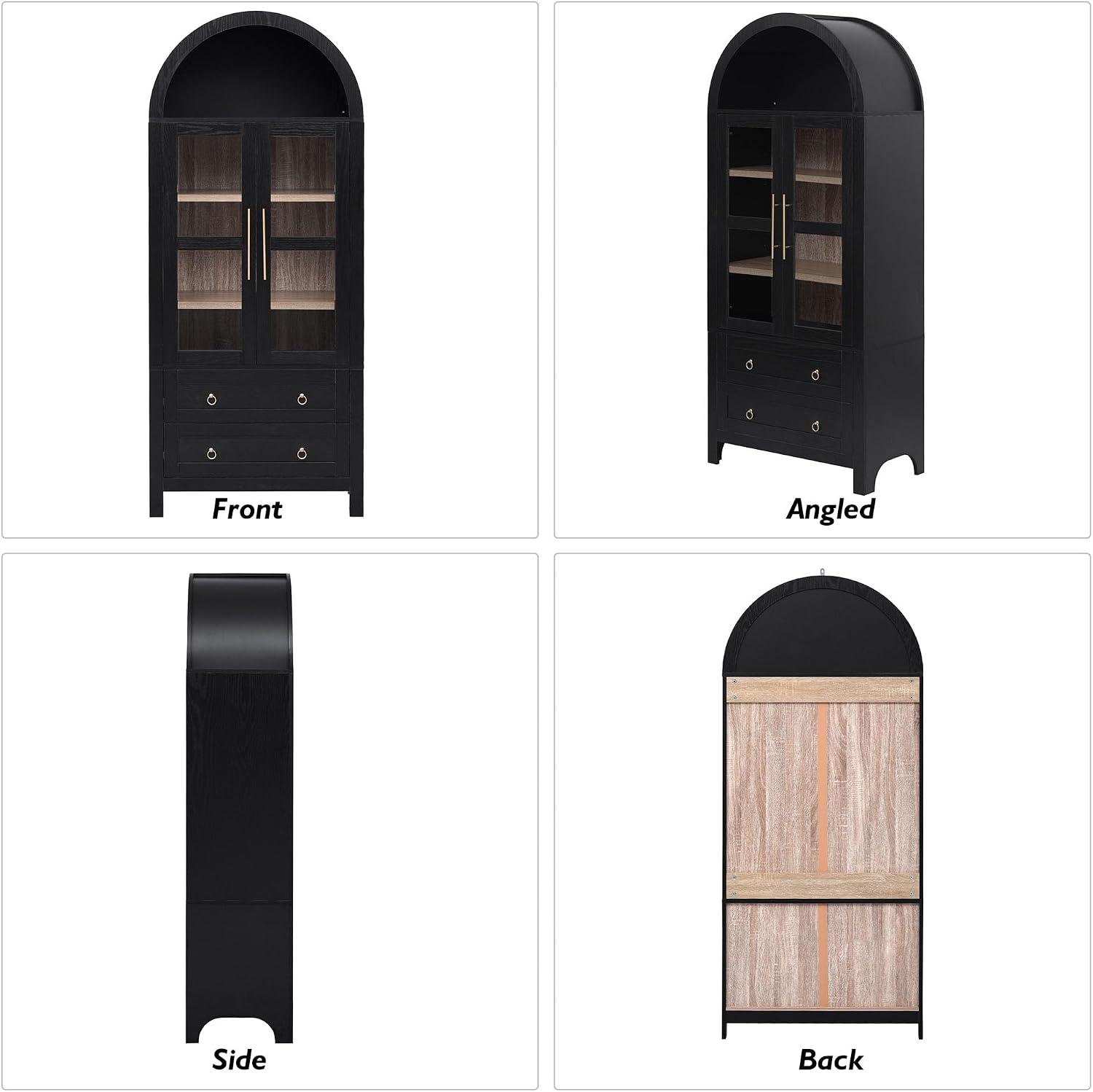 HRVEOCEI Black Arched Cabinet with Glass Doors, Tall Arch Kitchen Pantry with 2 Large Drawers & Adjustable Shelves/Golden Handles, Wood Hutch Cabinet for Kitchen, Dining Room, Living Room
