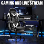 Czlolo Gaming Chair with Footrest, Lumbar Support Massager Video Game Chair with Metal Legs, High Back Reclining Gamer Chair with Headrest, 360° Swivel Office Computer Desk Chair (Snow White)