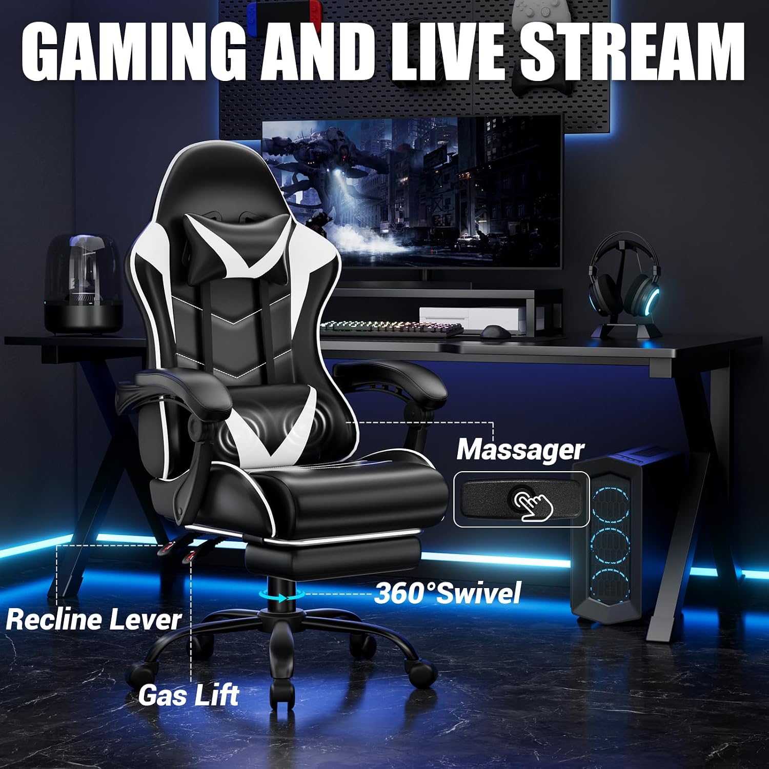 Czlolo Gaming Chair with Footrest, Lumbar Support Massager Video Game Chair with Metal Legs, High Back Reclining Gamer Chair with Headrest, 360° Swivel Office Computer Desk Chair (Snow White)