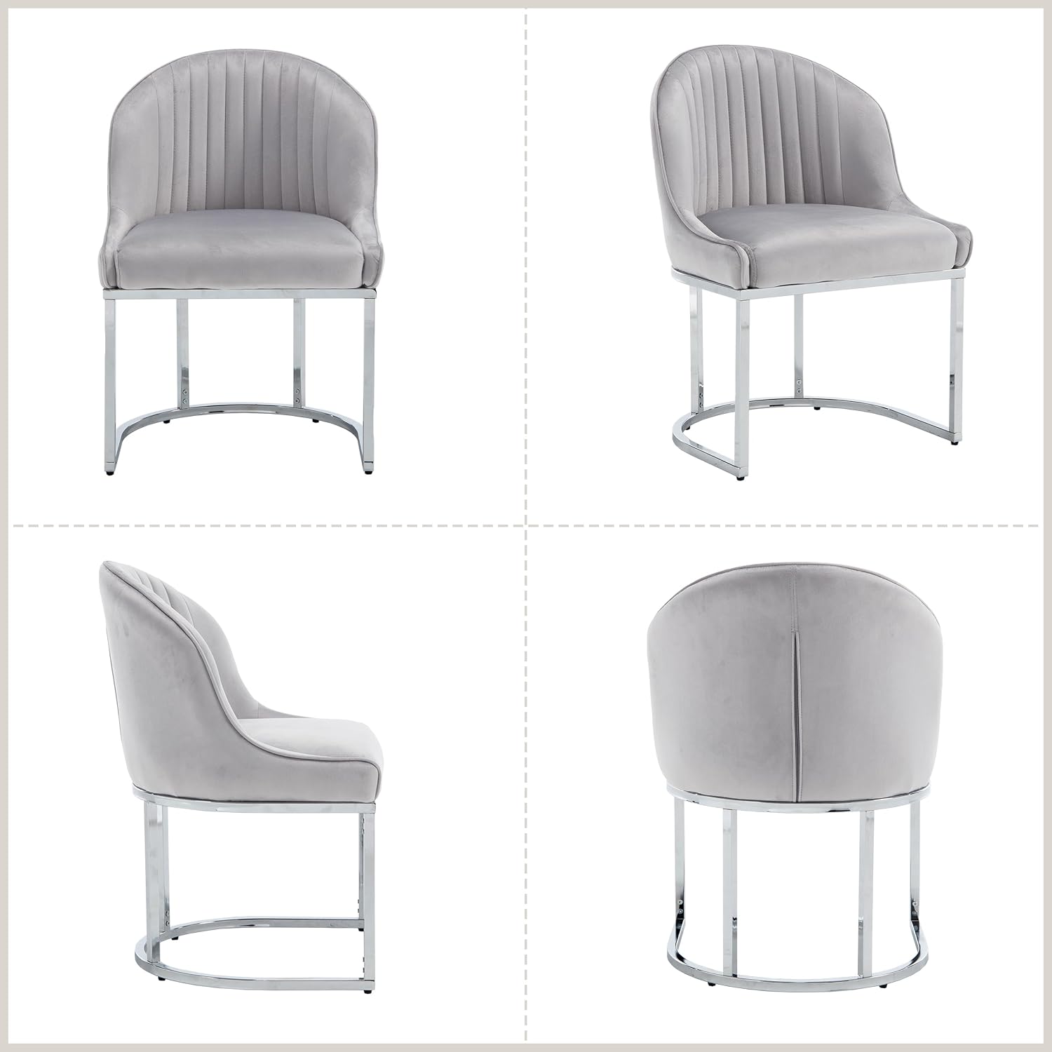 Velvet Dining Chairs Set of 4, Modern Upholstered Barrel Dining Chairs with Chrome U-Shaped Base, 18.5" Wide Accent Chairs Dressing Chair Lounge Chair, Grey