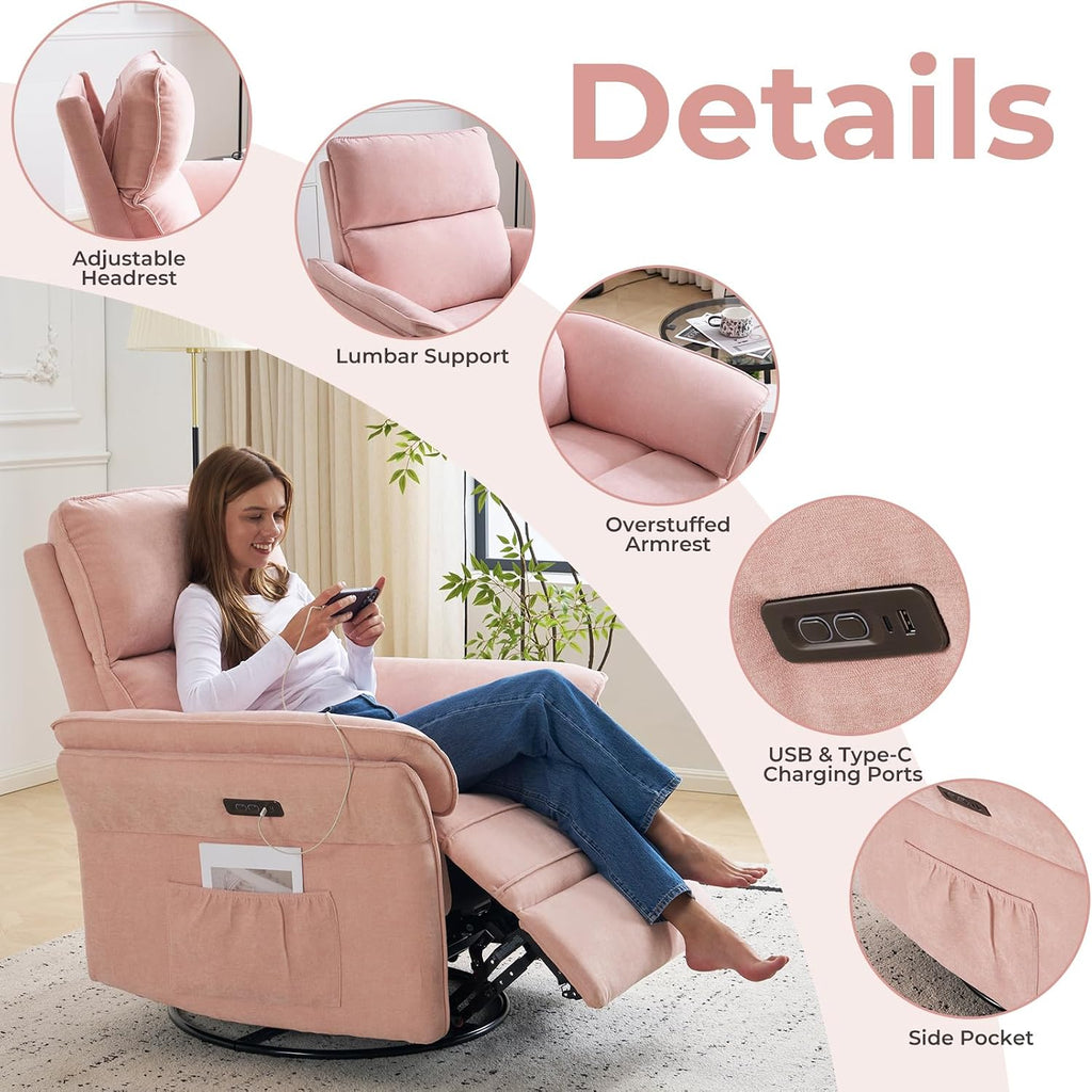 Power Swivel Rocker Recliner, Glider Recliner Nursery Chair with Massage and Heat, Nursery Rocking Chairs with Adjustable Headrest for Living Room，USB Ports,Side Pockets,Chenille Pink