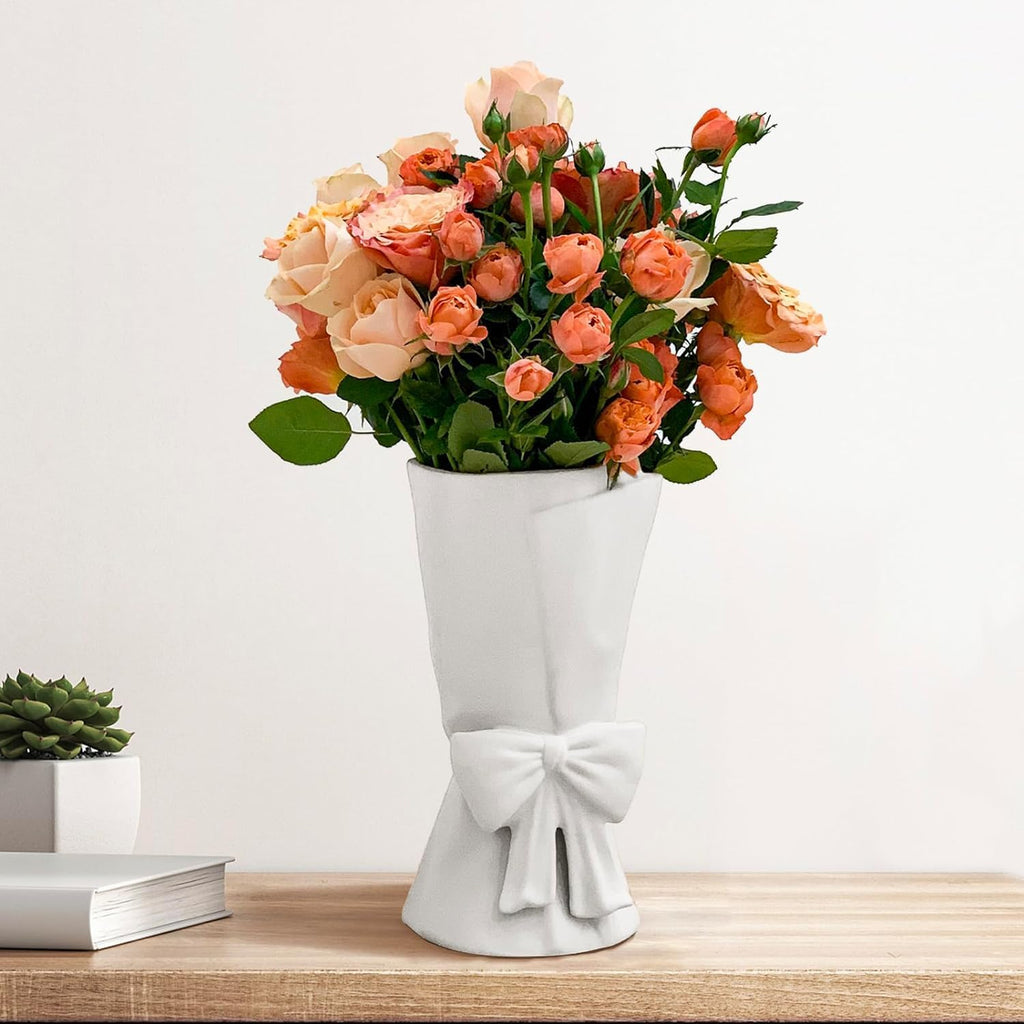Relexome White Ceramic Bow Vase Unique Cute Decorative Bouquet Flower Vases 9.64 in Summer Home Decor Vase