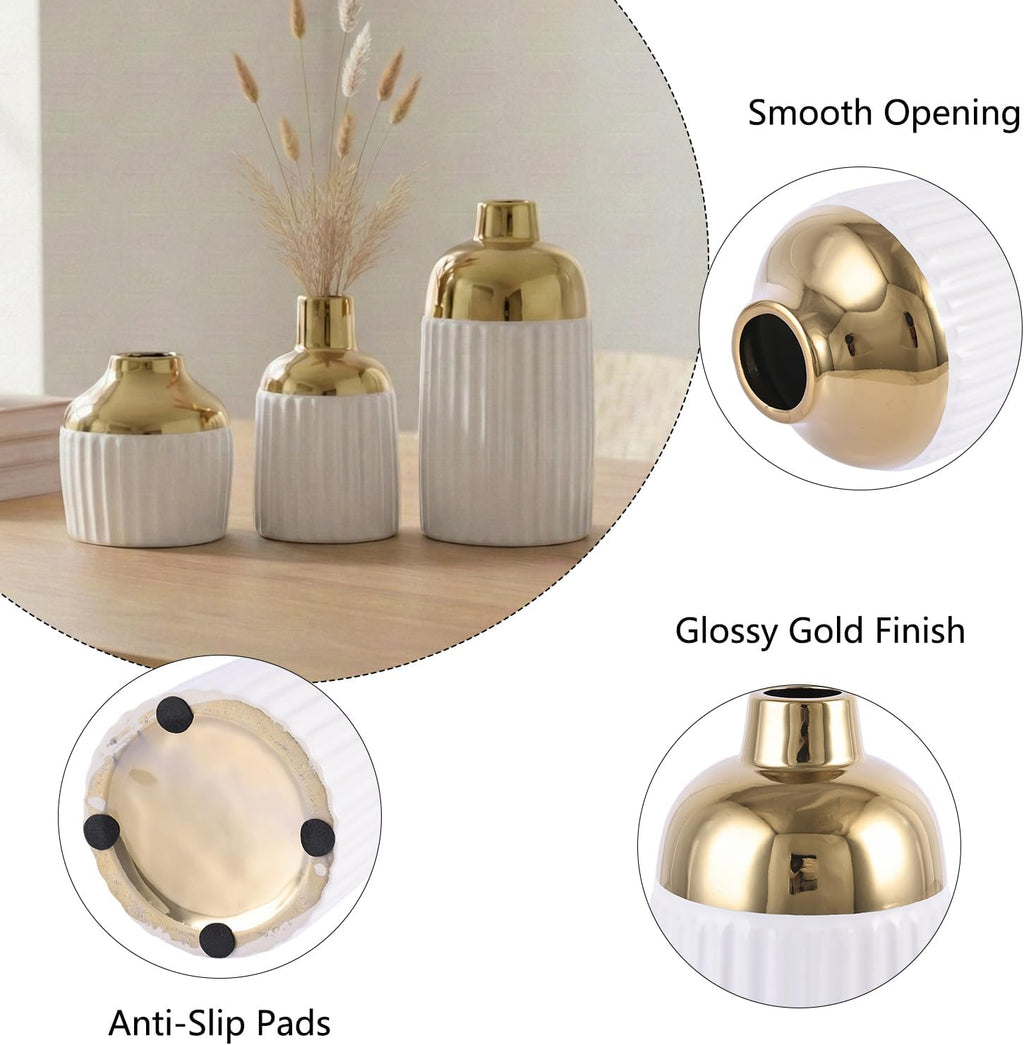 Ceramic Textured Vases Set of 3, Round White and Gold Two-Tone Flower Vase for Pampas Grass Decorative, Modern Gold Small Vase for Kitchen Counter Shelving Fireplace Mantel Table Centerpiece