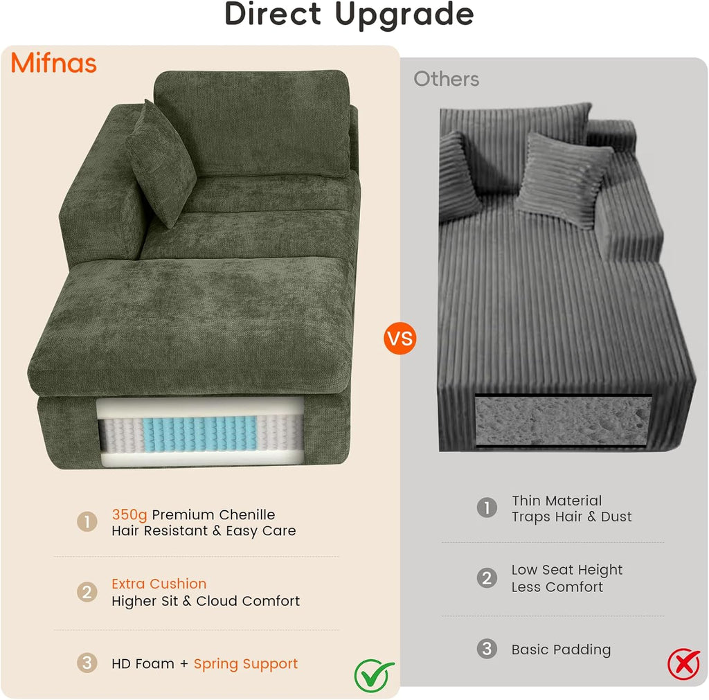 80.7" Oversized Double Chaise Lounge Chair Indoor, Cloud Boneless Sleeper Sofa Bed with 4 Pillows, Extra Deep Seat Cozy Loveseat Couch for Living Room Bedroom, No Assembly Required (Green)