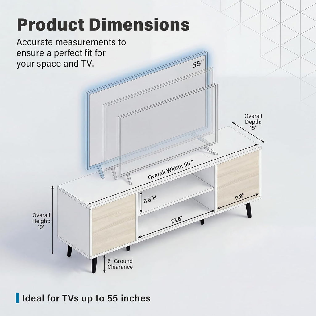 YESHOMY Mid-Century Modern TV Stand for 43-55 Inch TVs, 50 Inch Entertainment Center with Storage, Media Console with Push-to-Open Doors and Cable Management for Living Room, Bedroom (White and Beige)