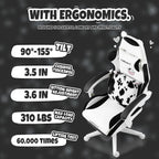 Vigosit Black and White Cow Gaming Chair with Footrest, Ergonomic Cute Gamer Chair for Girls, Comfortable Computer Desk Chair for Adults Teens
