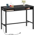 VASAGLE Bar Table with Power Outlets, 39.4 Inches Long Bar Height Pub Table, Rectangular High Top, with Movable Drawer, 2 Hooks, Narrow Storage for Kitchen, Dining, Entryway, Ebony Black