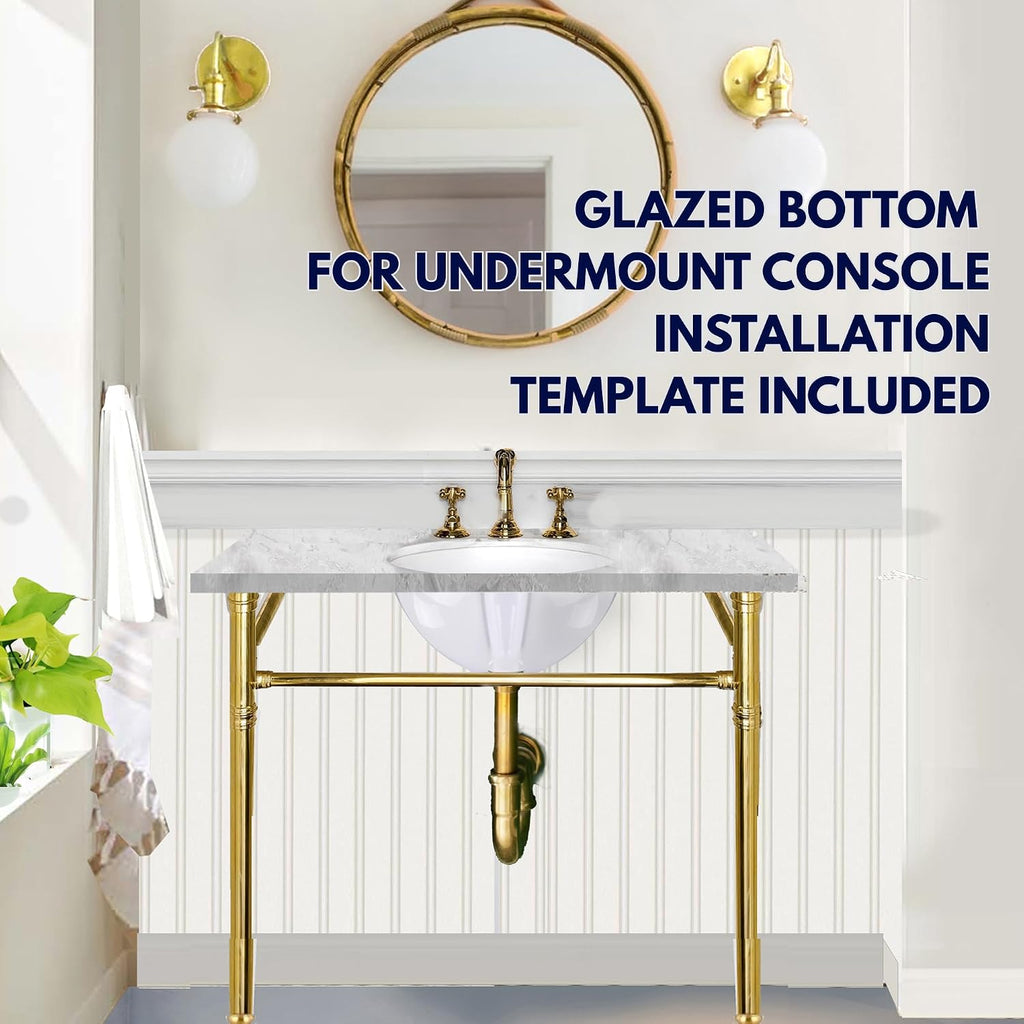 Nantucket Sinks Undermount Bathroom Sink – GB-13x10-W Small Oval Bowl Sink 13 Inch X 10 Inch for Bathroom Vanity, Glazed Bottom for Open Console, White, with Overflow – Ceramic, High Gloss Glaze