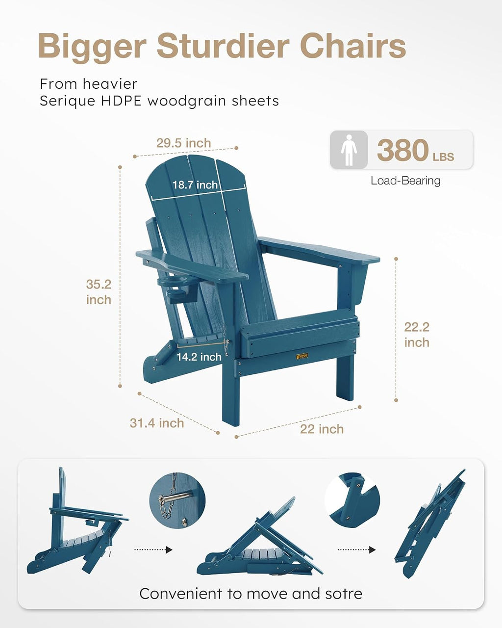 Folding Adirondack Chair, Patio Chair Wood Texture, Outdoor Chair Weather Resistant, Fire Pit Chair with Cup Holder, Composite Adirondack Chair Set of 2(Navy Blue)