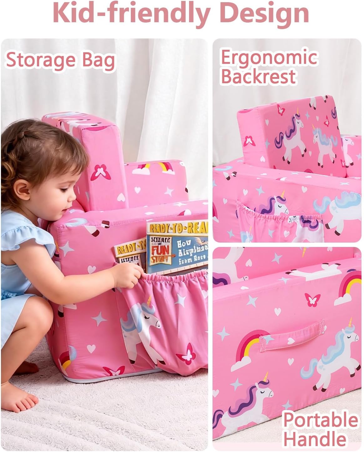 TinyPalsa Foldable Toddler Couch, 30% More Firmness, 2-in-1 Comfy Sofa & Lounger for 3+ Years Old Girls Boys, Space Saving & Easy to Clean Kids Chair for Reading, Playroom (Pink Magical Pony)