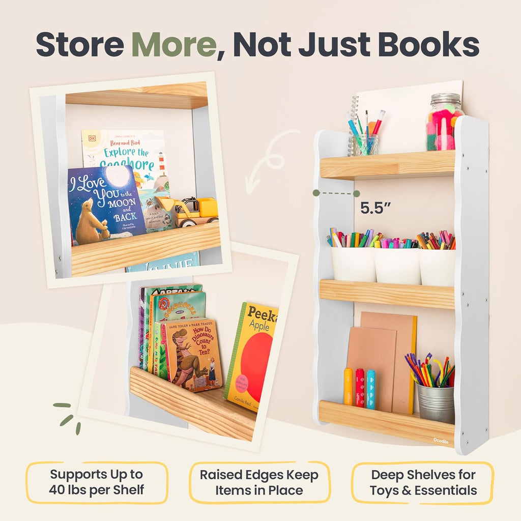 Ocodile Floating Kids Bookshelf – 3-Tier Wall Mounted Bookshelf for Nursery & Playroom – Montessori Floating Shelves for Kids Room Made of Pine Wood with Smooth Finish - White