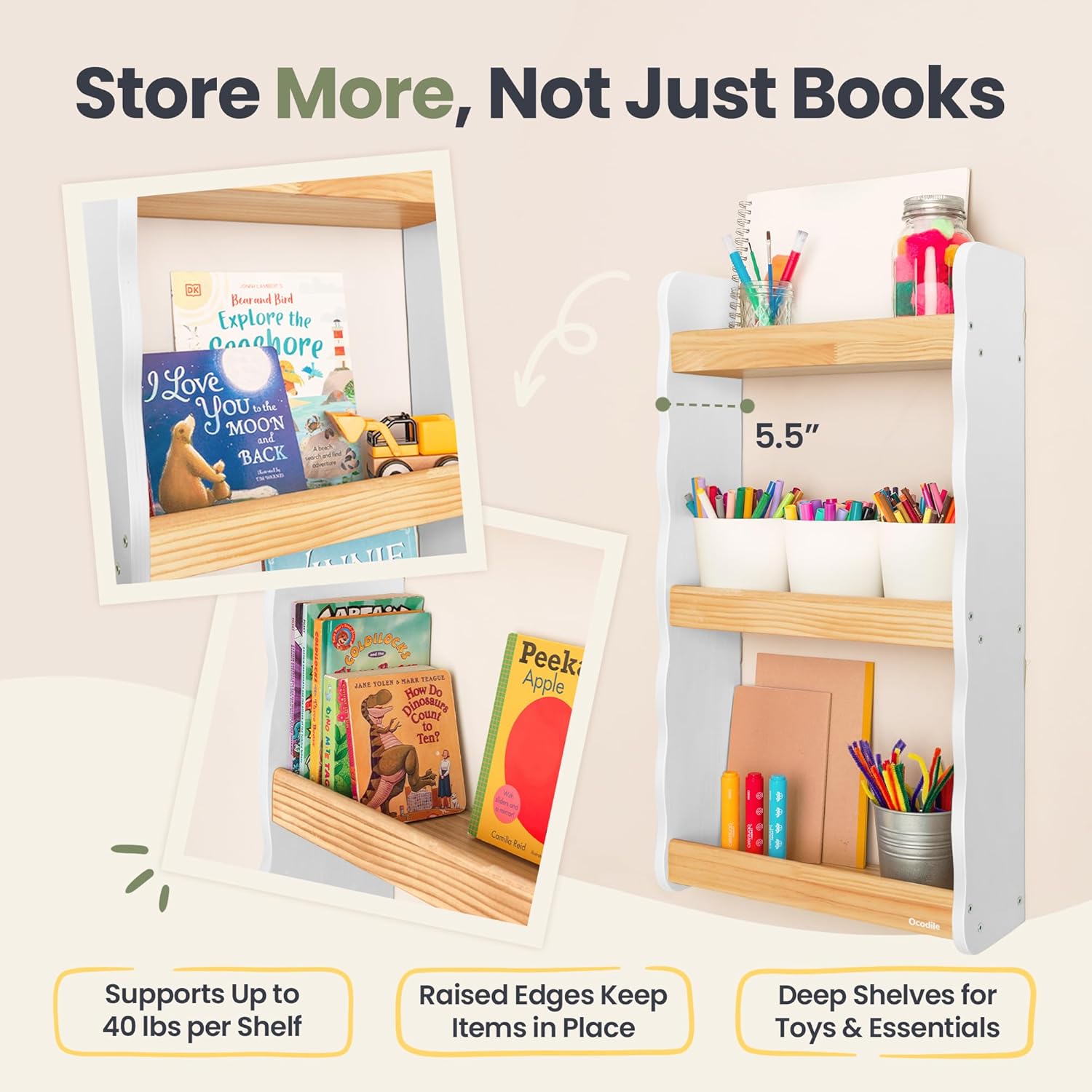 Ocodile Floating Kids Bookshelf – 3-Tier Wall Mounted Bookshelf for Nursery & Playroom – Montessori Floating Shelves for Kids Room Made of Pine Wood with Smooth Finish - White