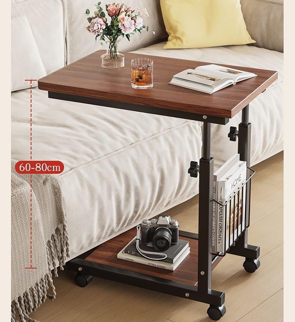 C Shaped End Table with Rolling Wheels, Height Adjustable Bedside Desk for Small Space Bedroom, Industrial TV Tray Couch Table Cart for Living Room(White,50x30cm)