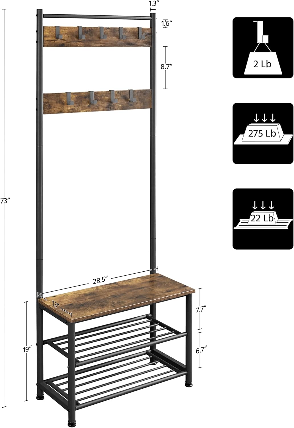 Yaheetech Metal Hall Tree with Shoe Storage Bench Entryway Coat Rack with 2 Shoe Shelves & 9 Movable Hooks, Rustic Brown