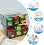 CLUQMEIK 2 Large Acrylic Tea Bag Organizer, 9 Grids Tea Organizers and Storage with Acrylic Drawers Stackable, Teabag Holder Organizer for Counter Countertop Kitchen Cabinet