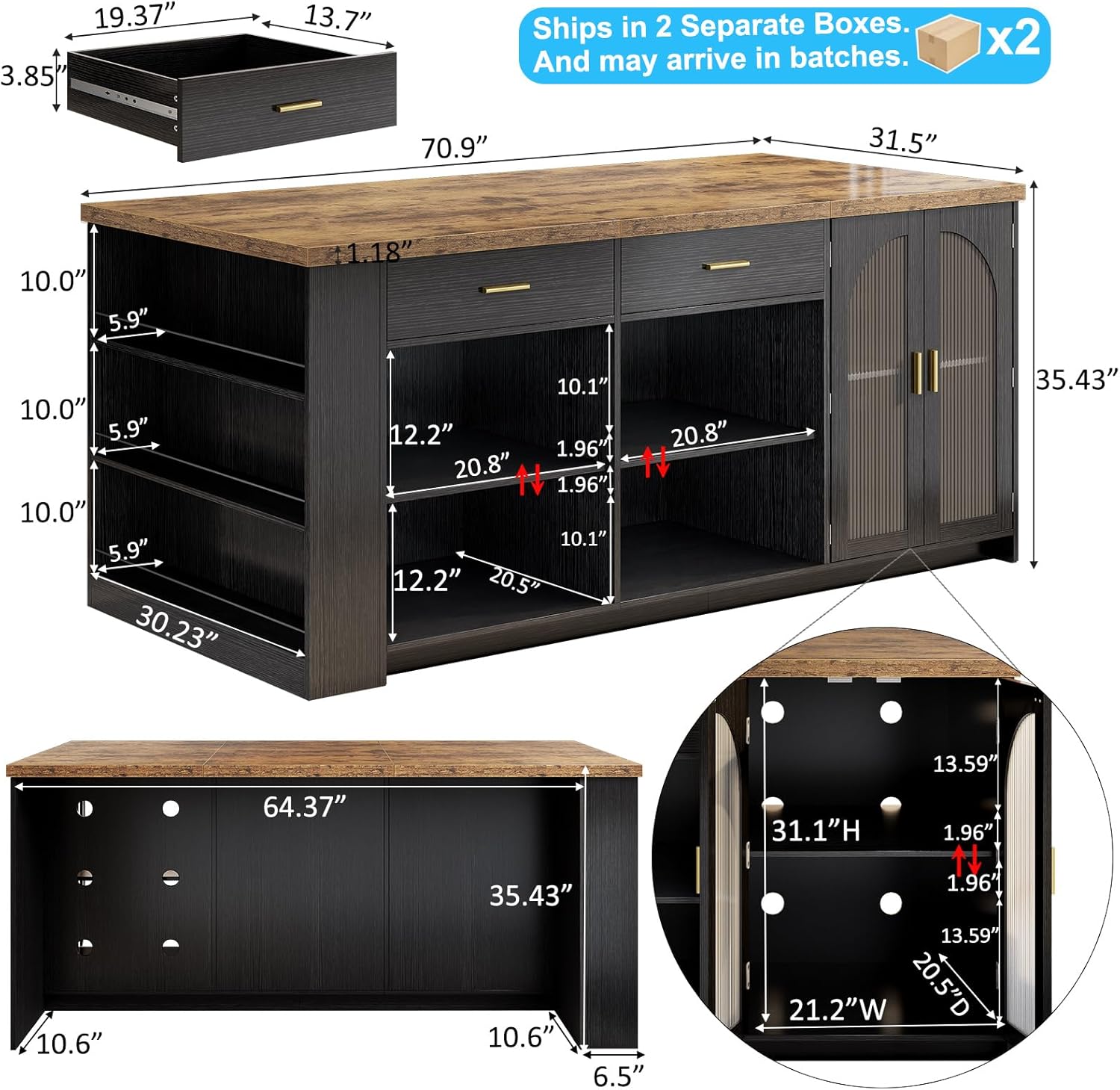 IBF 71" Large Kitchen Island with Storage, Rustic Wood Island Table with Seating for 4-6, Stationary Island Cabinet with Drawers, Fridge Space, Modern Counter Height Island Bar, Rustic Brown and Black