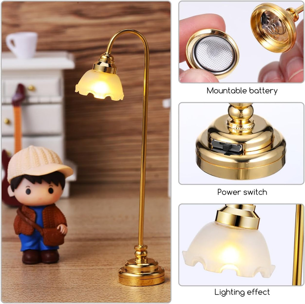 2 Pcs Miniature Dollhouse Floor Lamp, 1/12 Scale Battery Operated Mini Lamps, LED Lighting for Doll House Furniture Accessories, Gold Flower Shade Room Deco