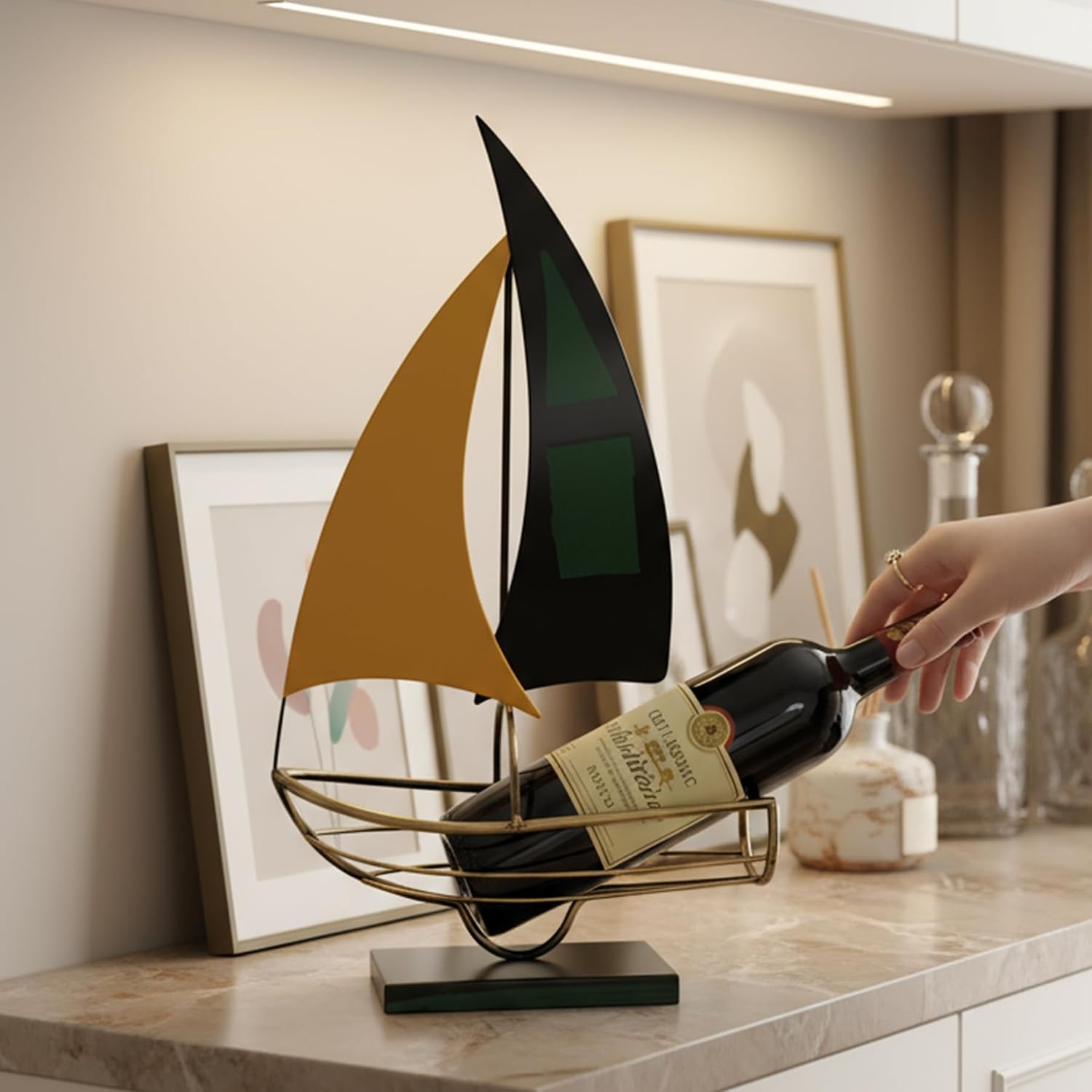 Metal Sailboat Wine Rack for Countertop – Decorative Wine Bottle Holder for Kitchen Bar Dining Table, Boat Sculpture Wine Stand Nautical Home Decor (Yellow and Green)