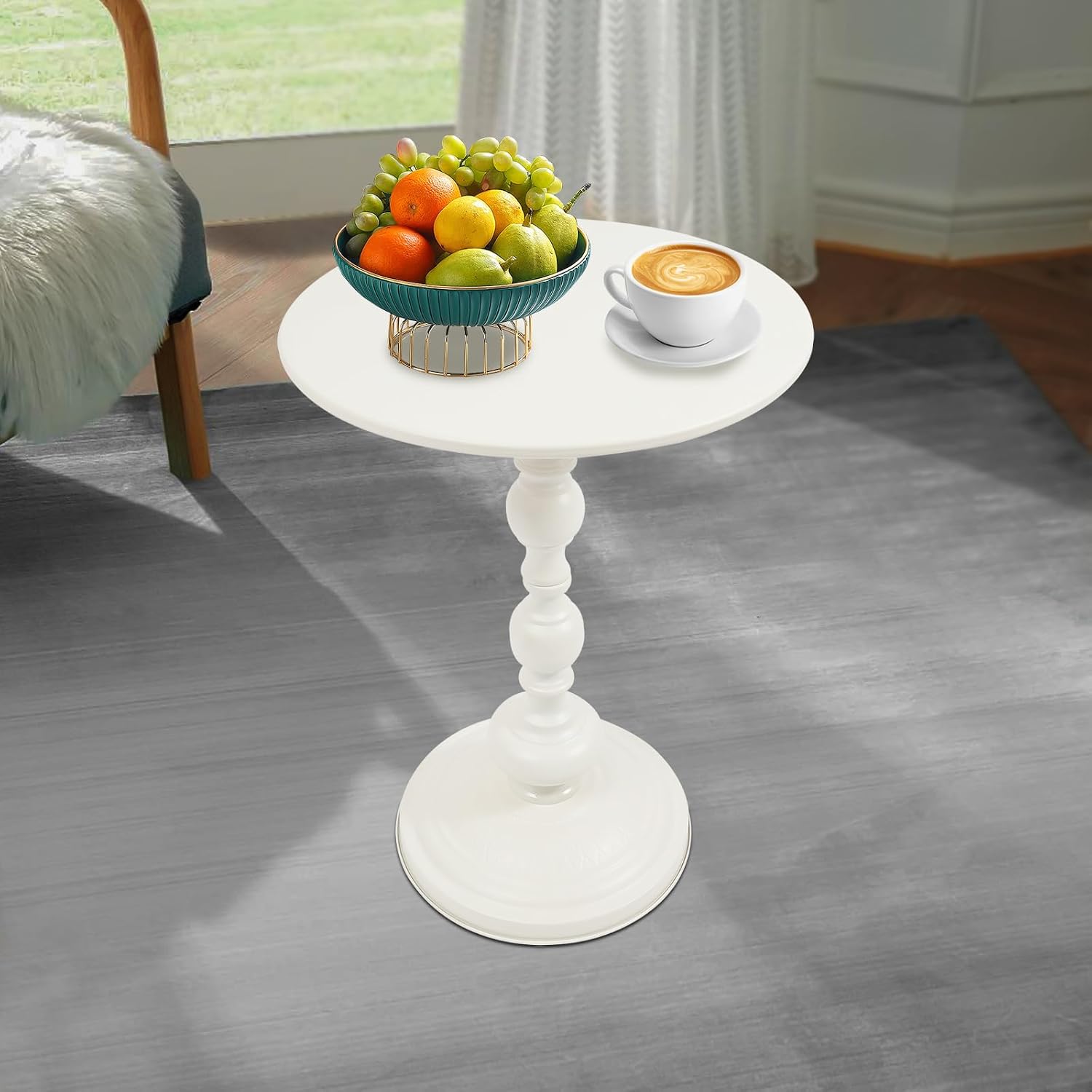 End Table, Vintage Metal Side Table, 15.7 x 20.5 Inch Sofa Round Side Table Nightstand Decorative Small Accent Pedestal Table for Living Rooms, Bedroom, Bars, Office, Corners (White)