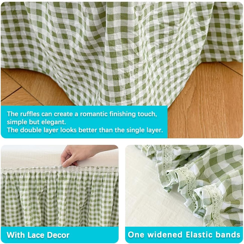 Green Gingham Wrap Around Ruffled Bed Skirt with Lace Decor, Plaid Grid Adjustable Elastic Dust Ruffles for Queen Bed, 15 Inch Drop Farmhouse Cottage Pleated Bed Frame Cover(Green Gingham, Queen)