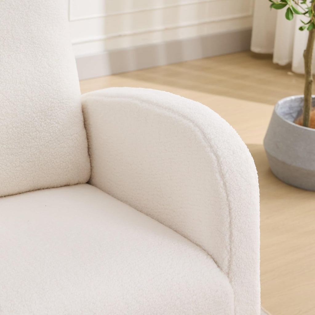 27.2" W Sherpa Glider Chair for Nursery – High Back Rocking Accent Armchair with Side Pockets & Rubber Wood Legs – Ivory Comfort Chair for Living Room, Bedroom