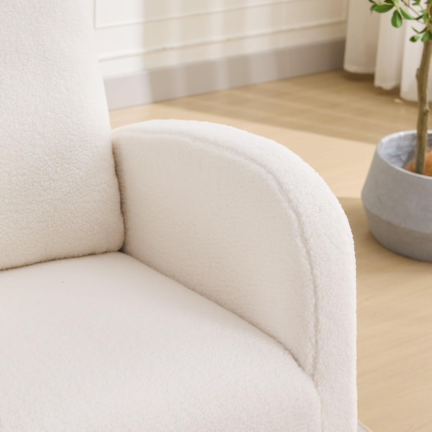 27.2" W Sherpa Glider Chair for Nursery – High Back Rocking Accent Armchair with Side Pockets & Rubber Wood Legs – Ivory Comfort Chair for Living Room, Bedroom