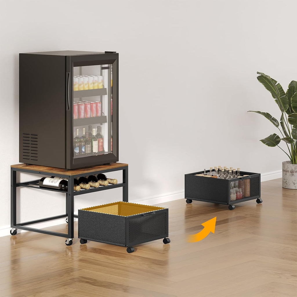 MAHANCRIS Mini Fridge Stand with Storage, Mini Fridge Cabinet with Movable Basket Cart, Mini Fridge Shelf with Wine Rack, Mobile Printer Stand, Mini Fridge Table, Rustic Brown and Black RSHR5101