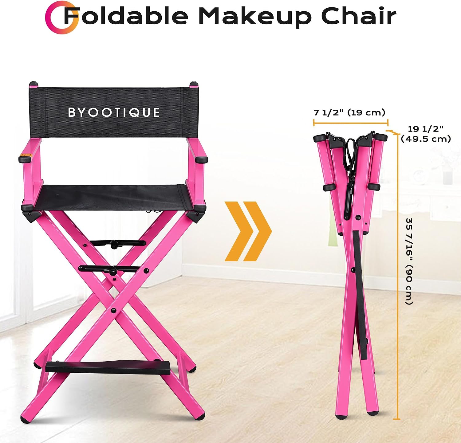 BYOOTIQUE 28" Makeup Artist Stool Chair Folding Director Chair Camping Chair with Comfortable Footrest for Makeup Studio Salon Event Mobile Service,Pink