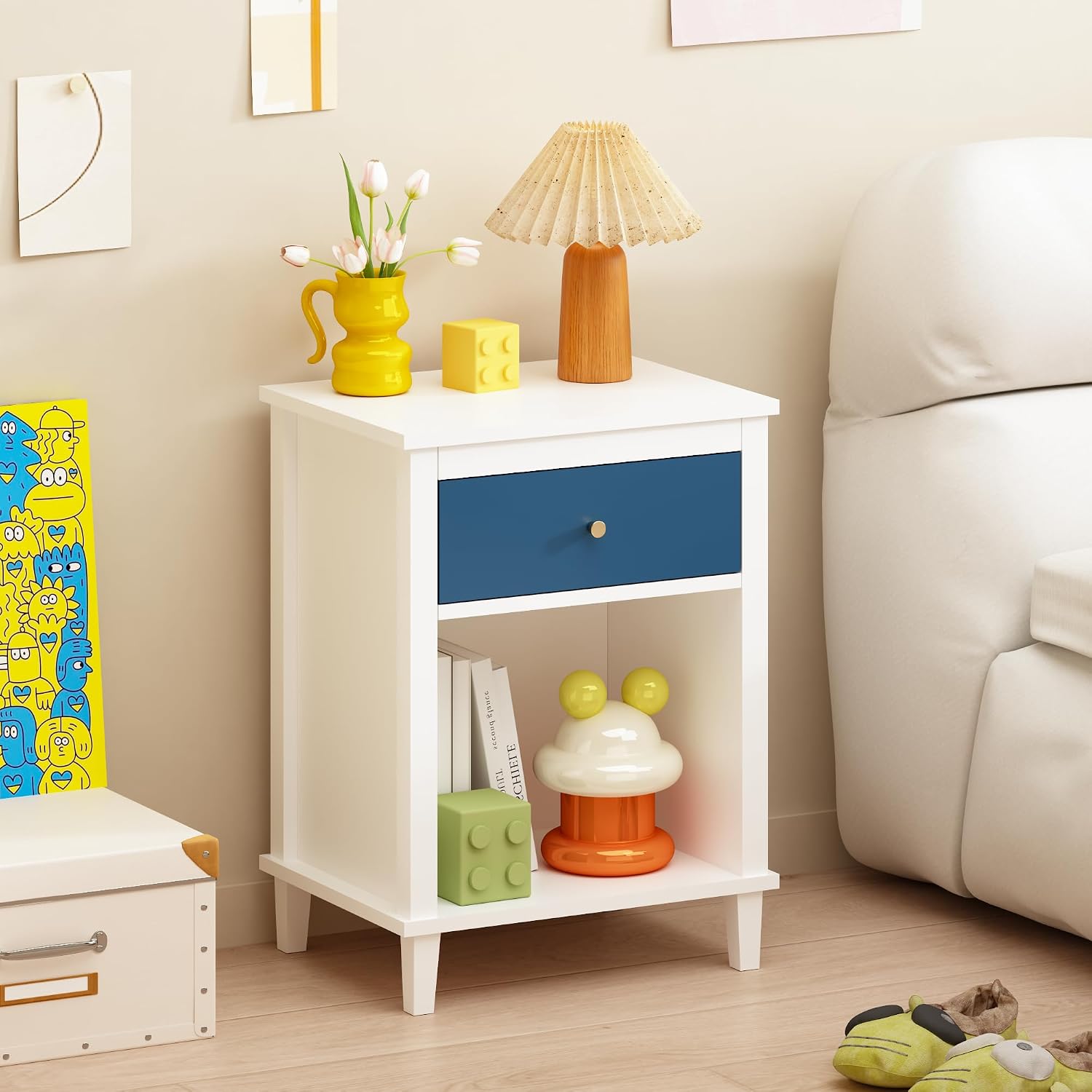 Nightstand with One Drawer & Open Storage Shelf, Modern Wooden Bedside Table for Kids, 26.77''H End Table for Living Room, Bedroom, Toddler Nightstand for Boys and Girls, White+Navy