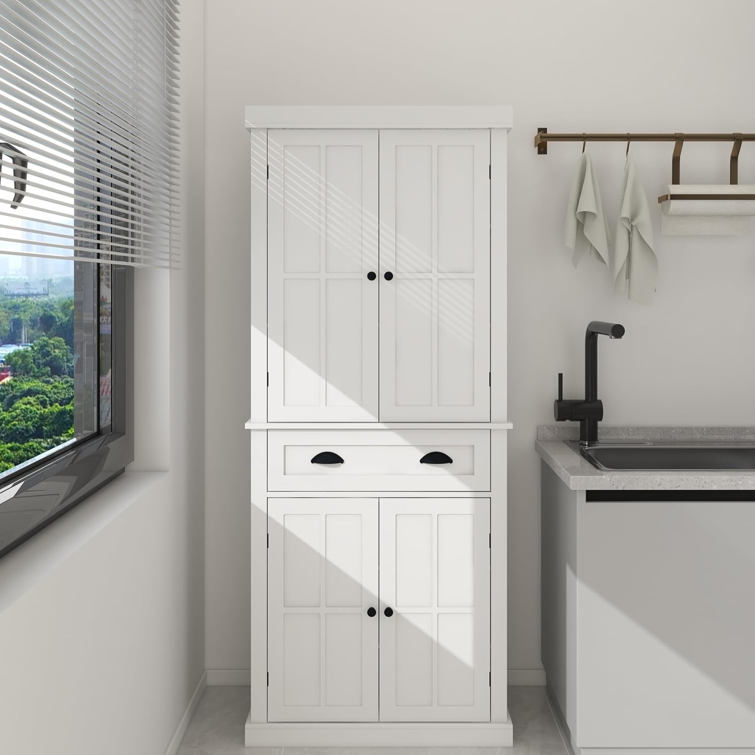 71" Pantry Cabinet, Freestanding Tall Cupboard Storage Cabinet with a Drawer,Tall Kitchen Pantry with 4 Doors and 2 Adjustable Shelves, for Living Room, Dining Room