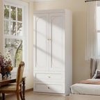 Bedroom Armoire Wardrobe Closet, 75" Tall Wardrobes Closet with 2 Drawers and 2 Doors, Wooden Clothes Cabinets for Bedroom Armoires with Hanging Rod (4-Drawers, 63")