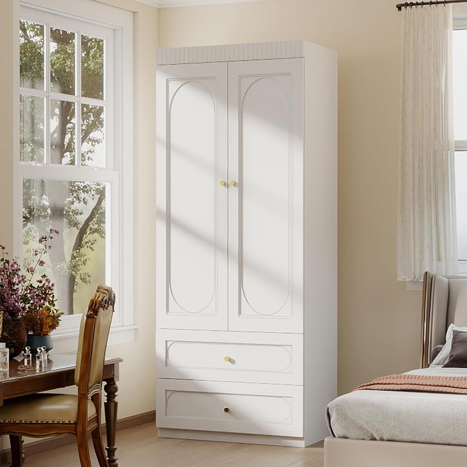 Bedroom Armoire Wardrobe Closet, 75" Tall Wardrobes Closet with 2 Drawers and 2 Doors, Wooden Clothes Cabinets for Bedroom Armoires with Hanging Rod (4-Drawers, 63")