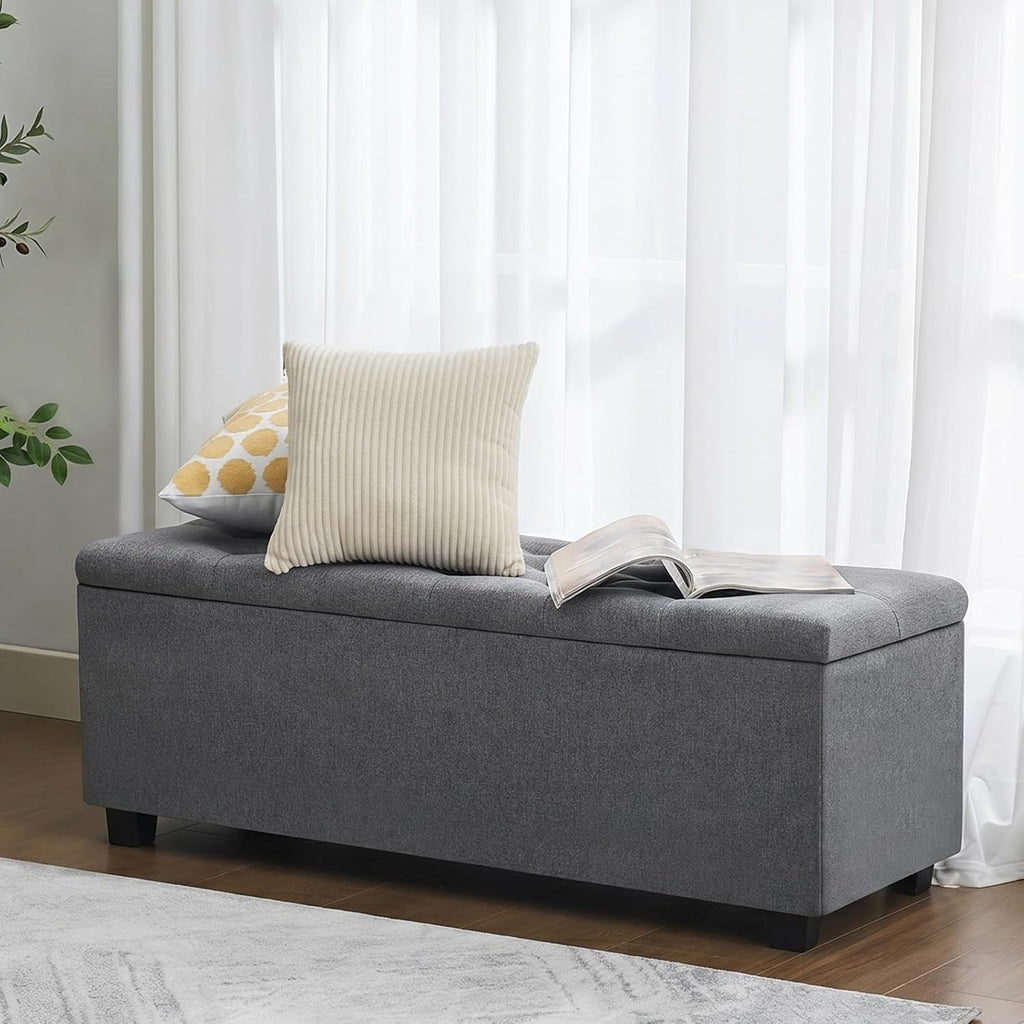 43" Ottoman with Storage and Sturdy Metal Frame, Tufted Upholstered Storage Bench, Modern Footboard Hideaway Chest with Removable Lid and Footrest for Living Room, Entryway (Dark Gray)