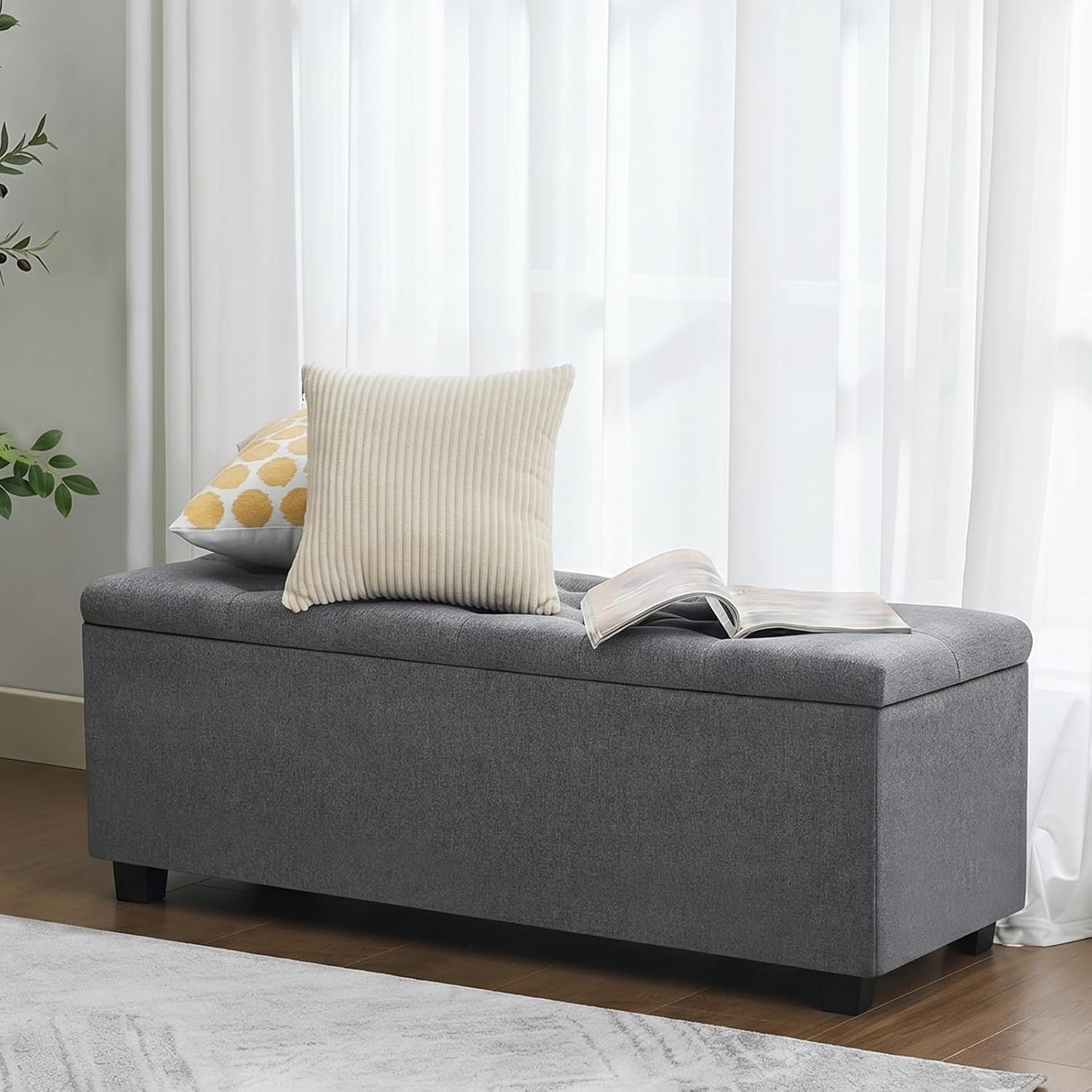 43" Ottoman with Storage and Sturdy Metal Frame, Tufted Upholstered Storage Bench, Modern Footboard Hideaway Chest with Removable Lid and Footrest for Living Room, Entryway (Dark Gray)