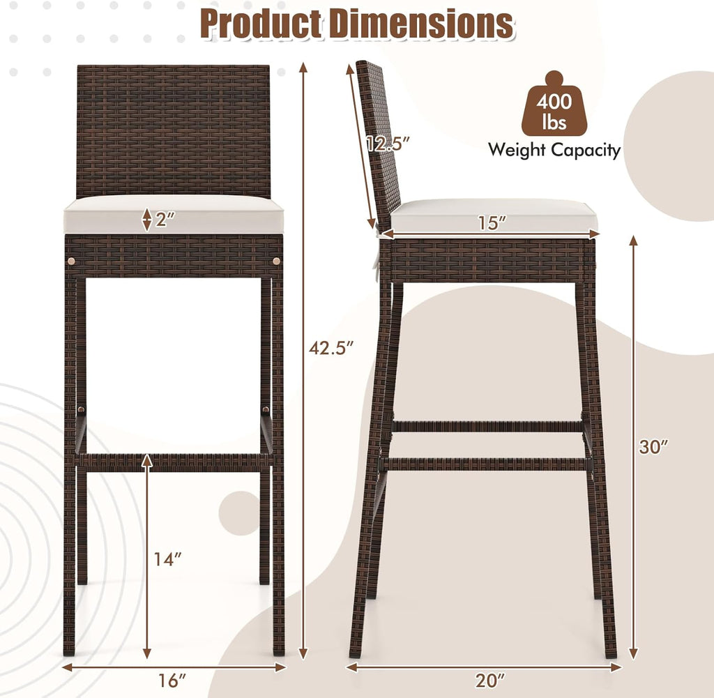 Outdoor Wicker Barstools, Patio Rattan Barstool Set of 4 with Cushion, Footrest & Heavy-Duty Metal Frame, Outdoor Bar Height Chair for Backyard & Balcony