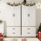 White Kitchen Pantry Cabinet with 2 Drawers, Farmhouse Tall Storage Cabinet, Wood Food Pantry with Barn Doors and Adjustable Shelves Versatile Storage Freestanding Cupboard for Kitchen