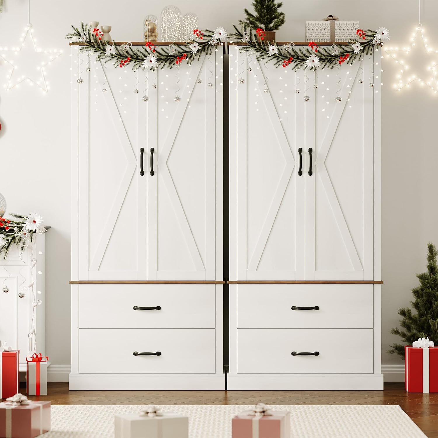 White Kitchen Pantry Cabinet with 2 Drawers, Farmhouse Tall Storage Cabinet, Wood Food Pantry with Barn Doors and Adjustable Shelves Versatile Storage Freestanding Cupboard for Kitchen