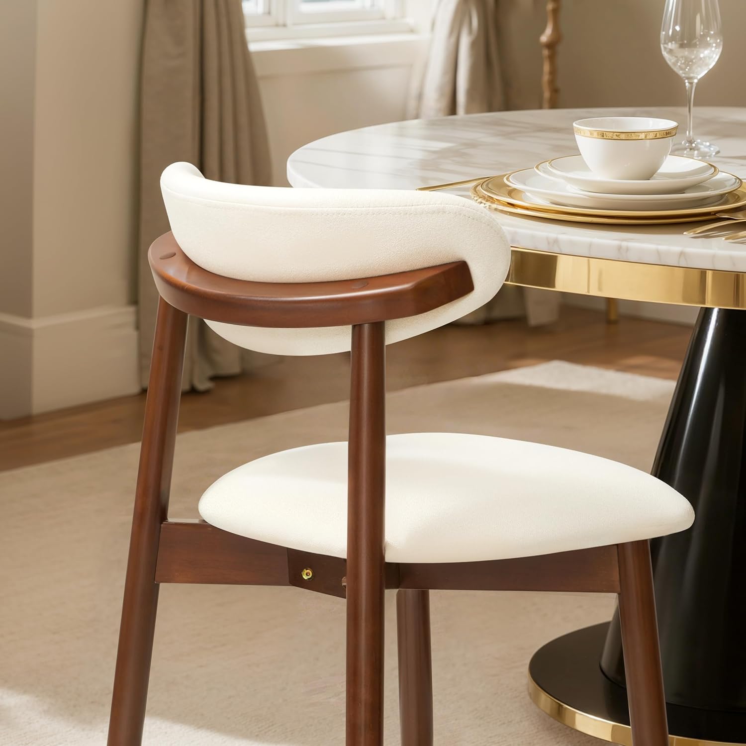 CHUN YI Dining Chairs Set of 4, Upholstered Wooden Dining Room Chairs, Mid Century Modern Fabric Kitchen Chair with Ergonomic Curved Backrest, Beige (Only Chairs)