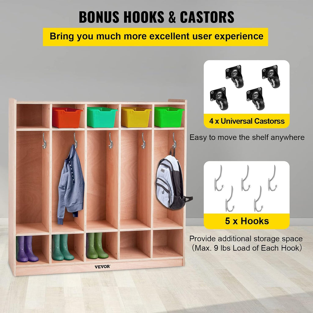 VEVOR 5-Section Classroom Coat Locker, 10 Cubbies for Daycare, Classroom Cubbies with 4 Casters & 5 Hooks, Daycare Furniture for Home, School, Nursery, Kindergarten