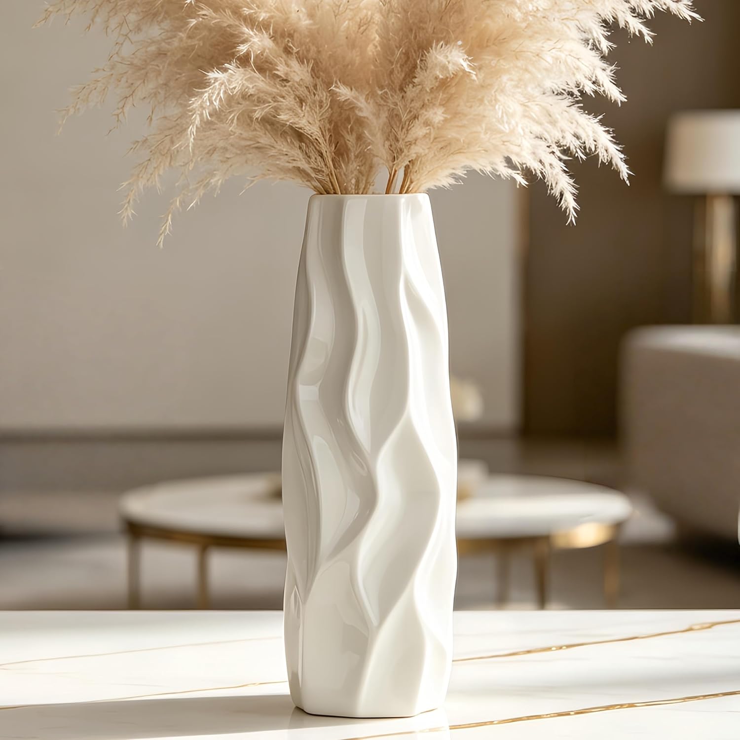 12 Inch White Vase Ceramic Flower Vase, Tall Vases for Pampas Grass, Home Decor, Modern Textured Vases for Living Room Decorations,Table Centerpieces,Shelf,Farmhouse Small Ceramic Vase
